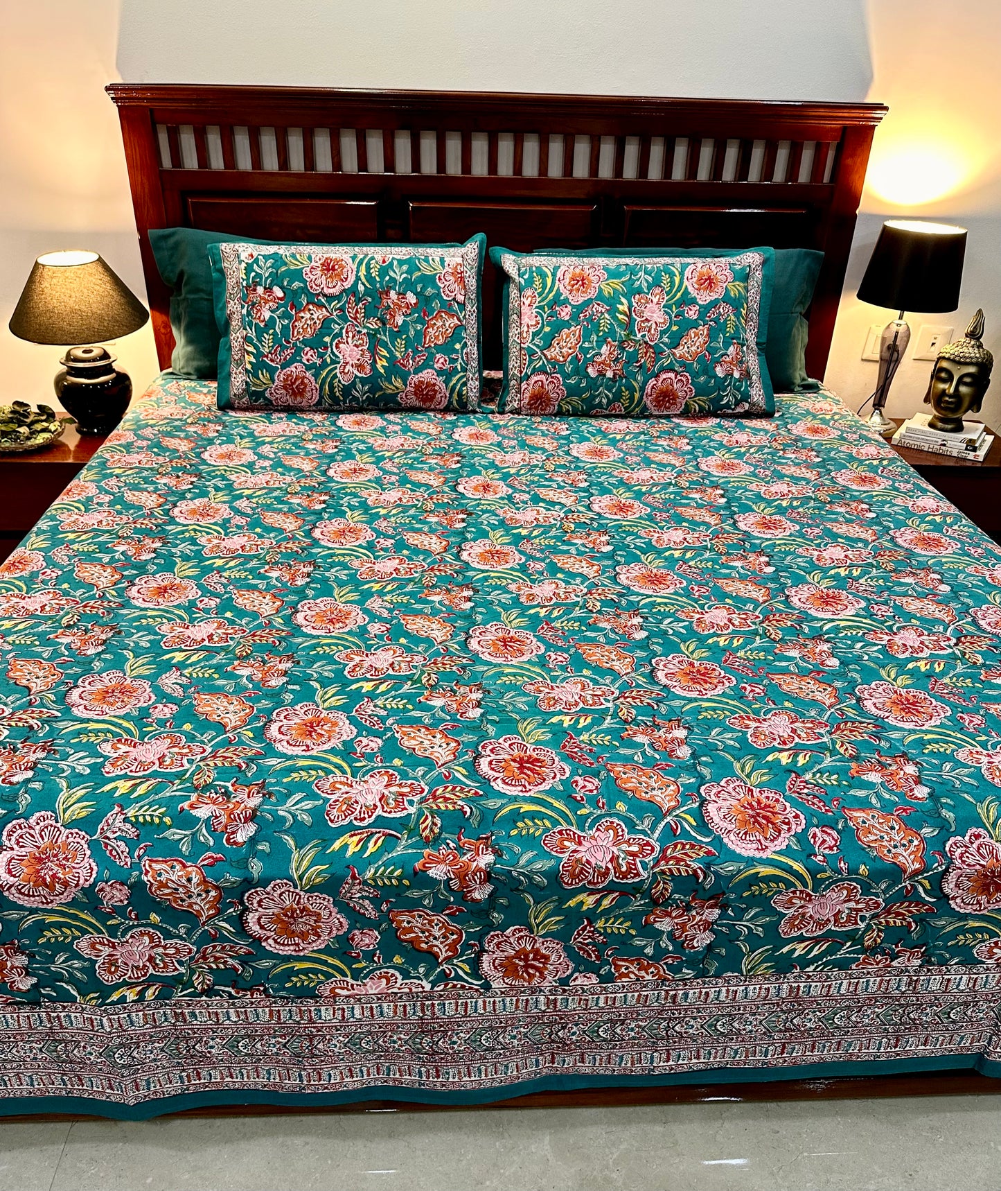 Tvarita Hand Block Print Cotton Bedsheet with Reversible Pillow Covers