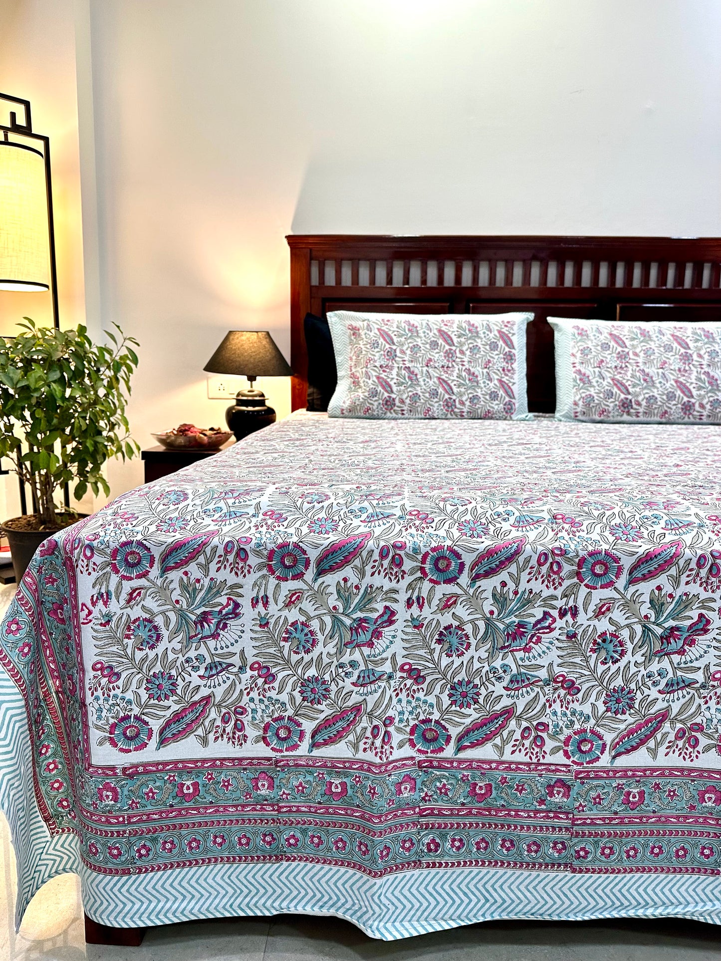 Aroha Hand Block Print Cotton Bedsheet with Reversible Pillow Covers