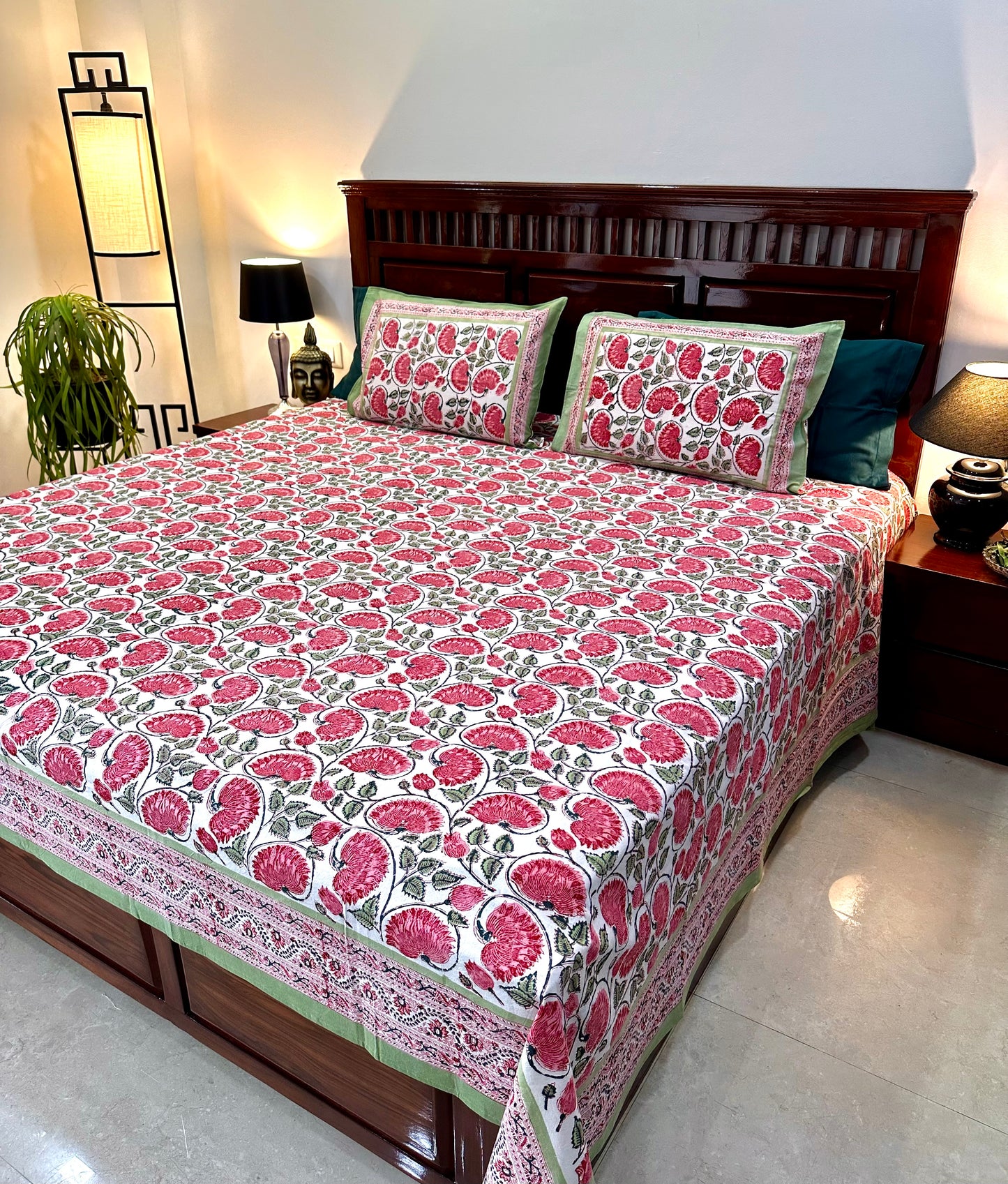 Nityam Hand Block Print Cotton Bedsheet with Reversible Pillow Covers