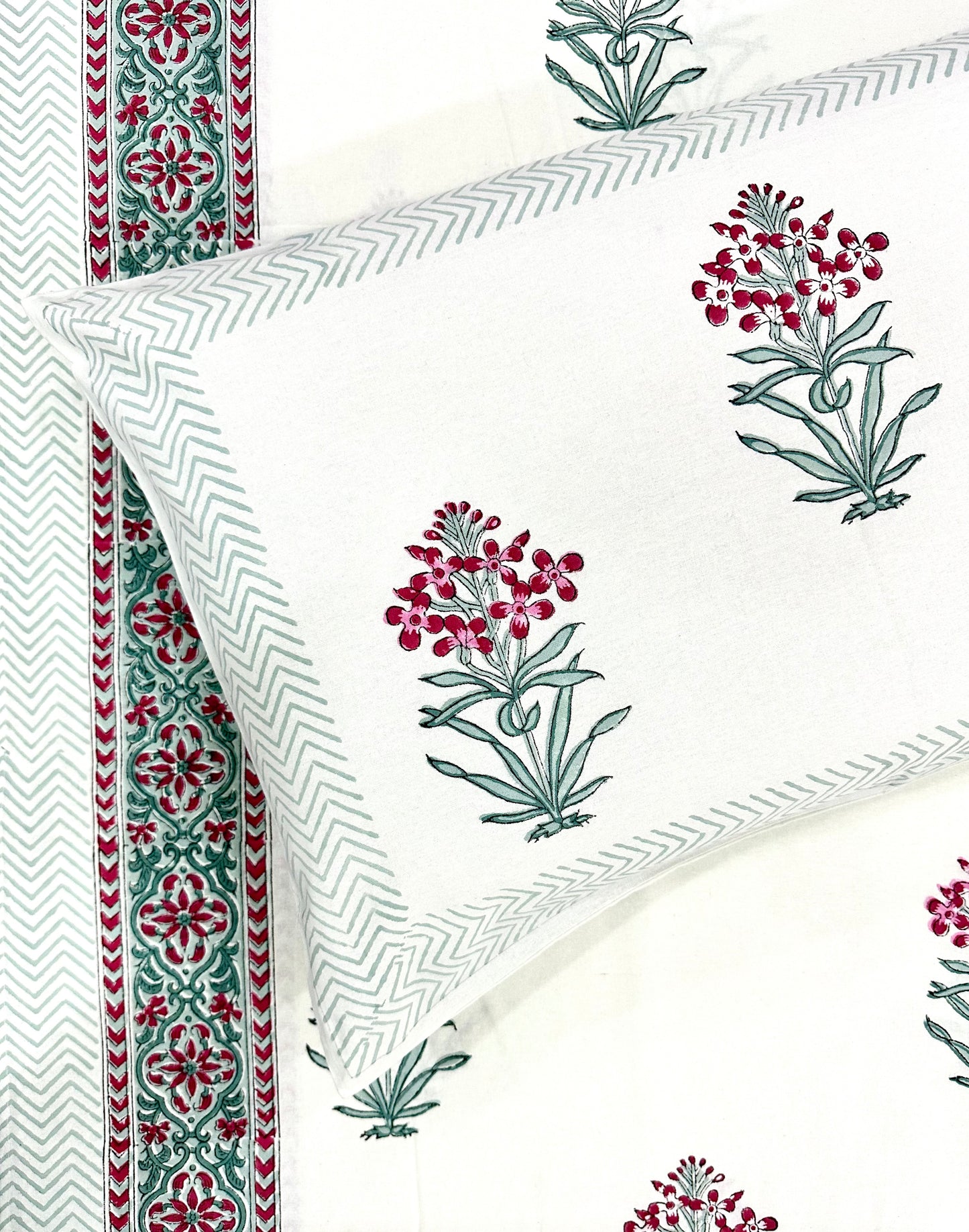 Kavini Hand Block Print Cotton Bedsheet with Reversible Pillow Covers
