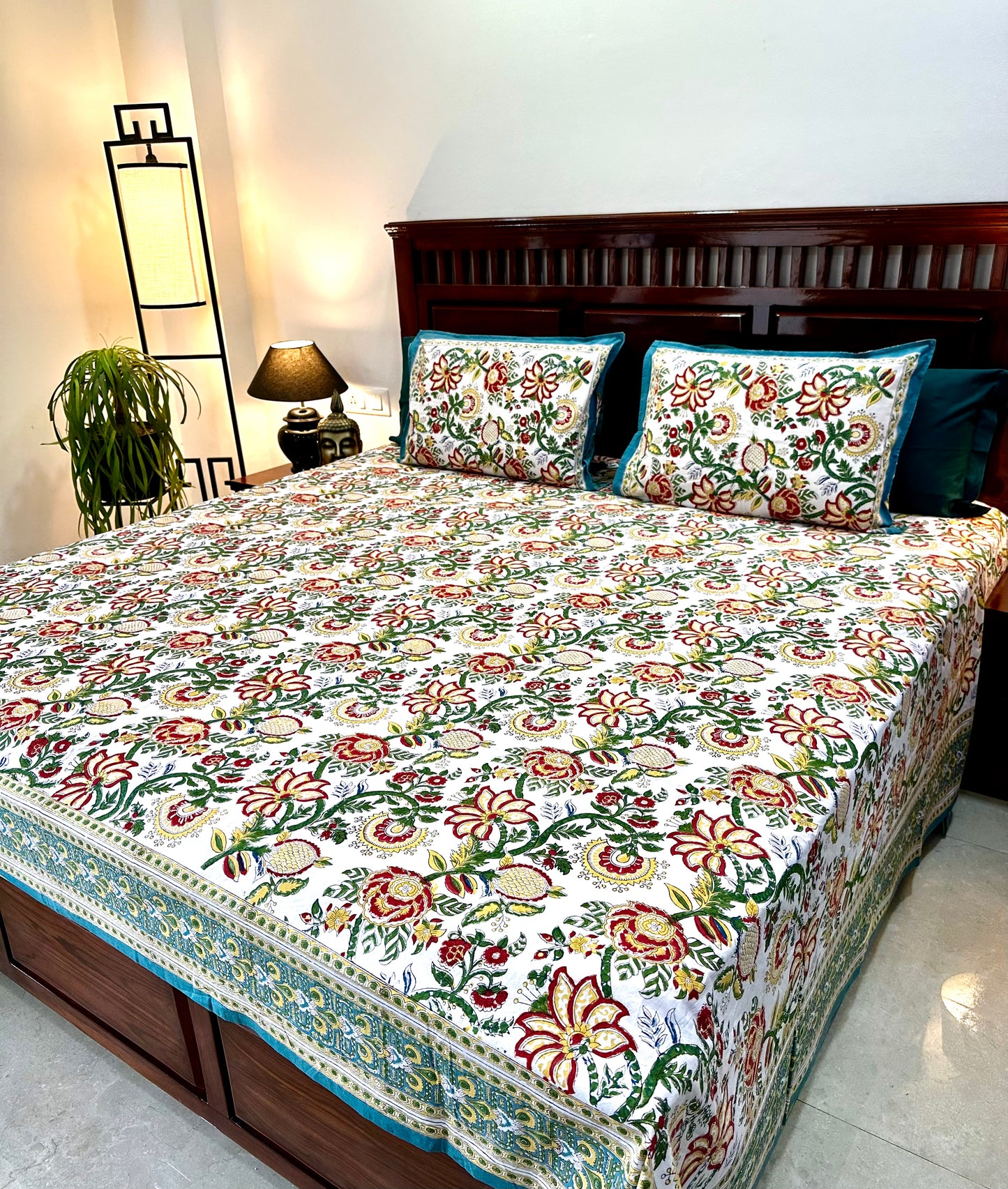 Tejasvi Hand Block Print Cotton Bedsheet with Reversible Pillow Covers