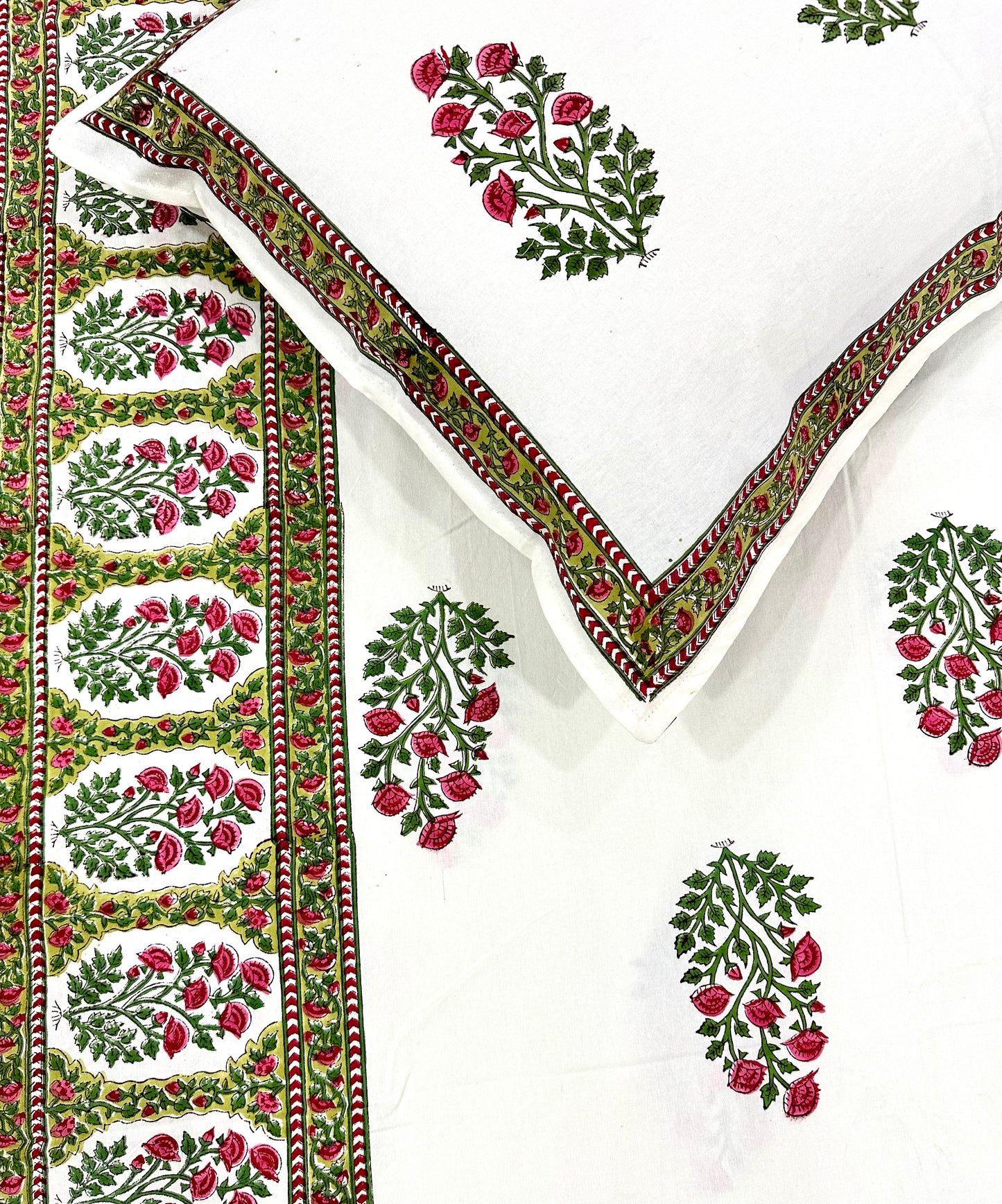 Aaranya Hand Block Print Cotton Bedsheet with Reversible Pillow Covers