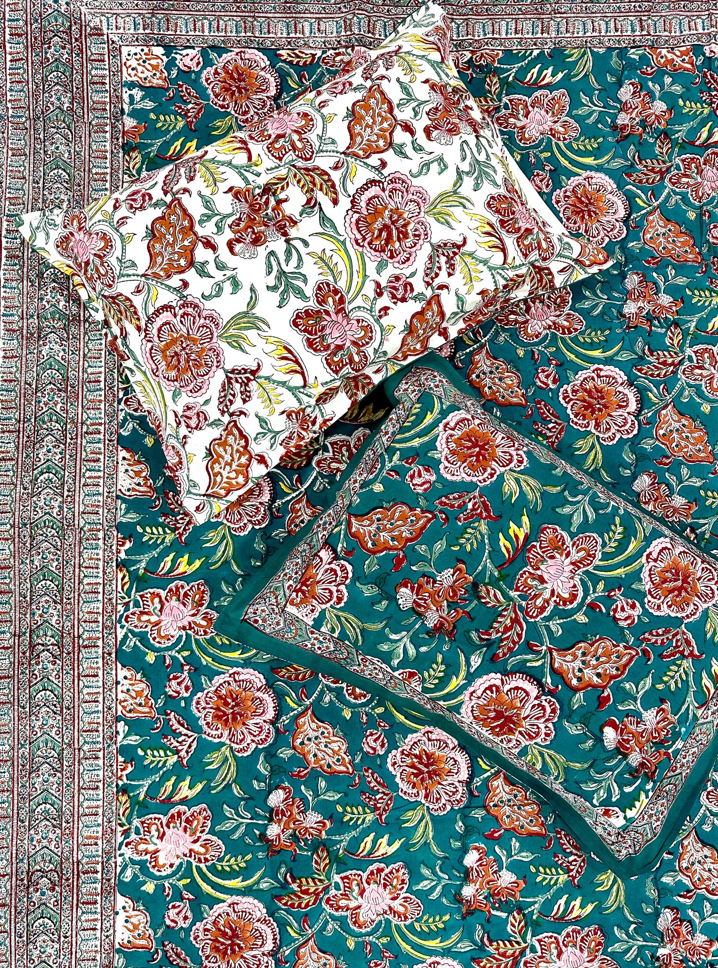 Tvarita Hand Block Print Cotton Bedsheet with Reversible Pillow Covers