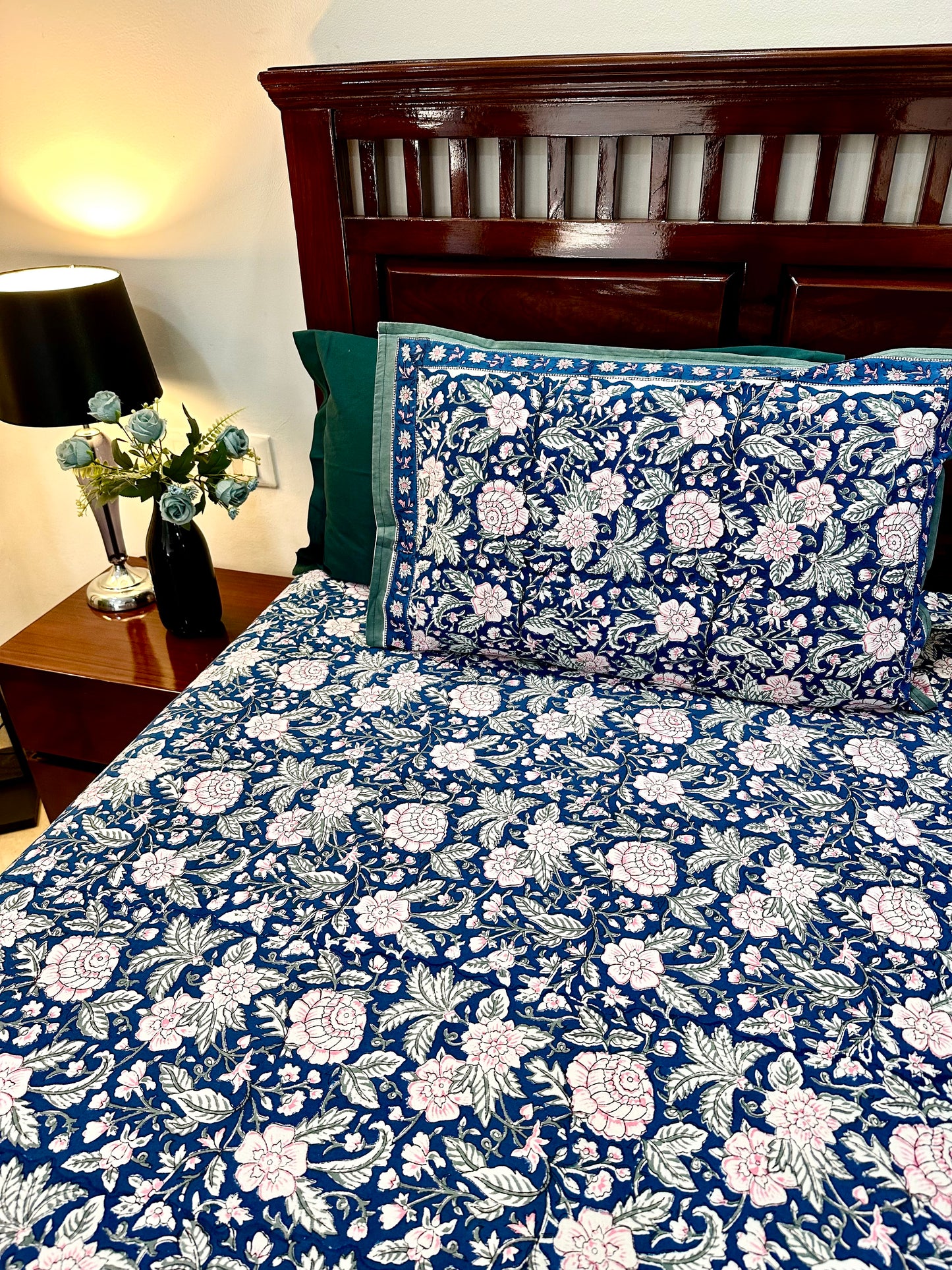 Nilaya Hand Block Print Cotton Bedsheet with Reversible Pillow Covers