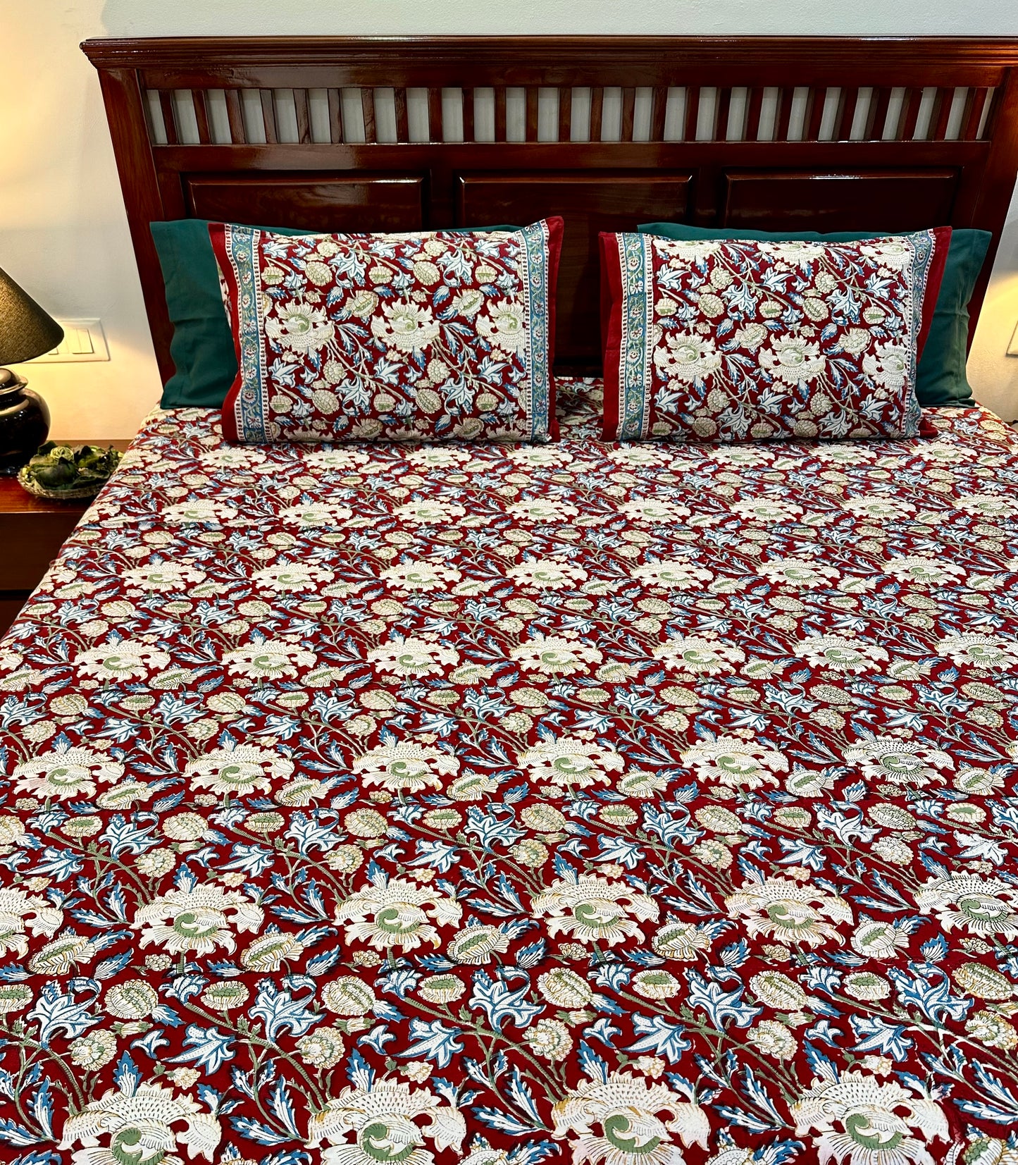 Dhuhaa Hand Block Print Cotton Bedsheet with Reversible Pillow Covers