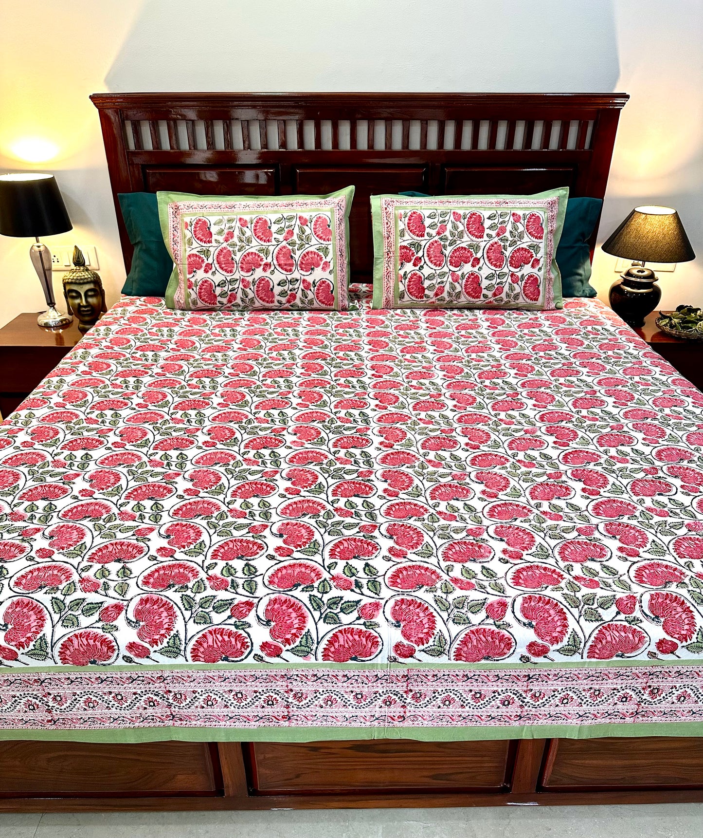 Nityam Hand Block Print Cotton Bedsheet with Reversible Pillow Covers