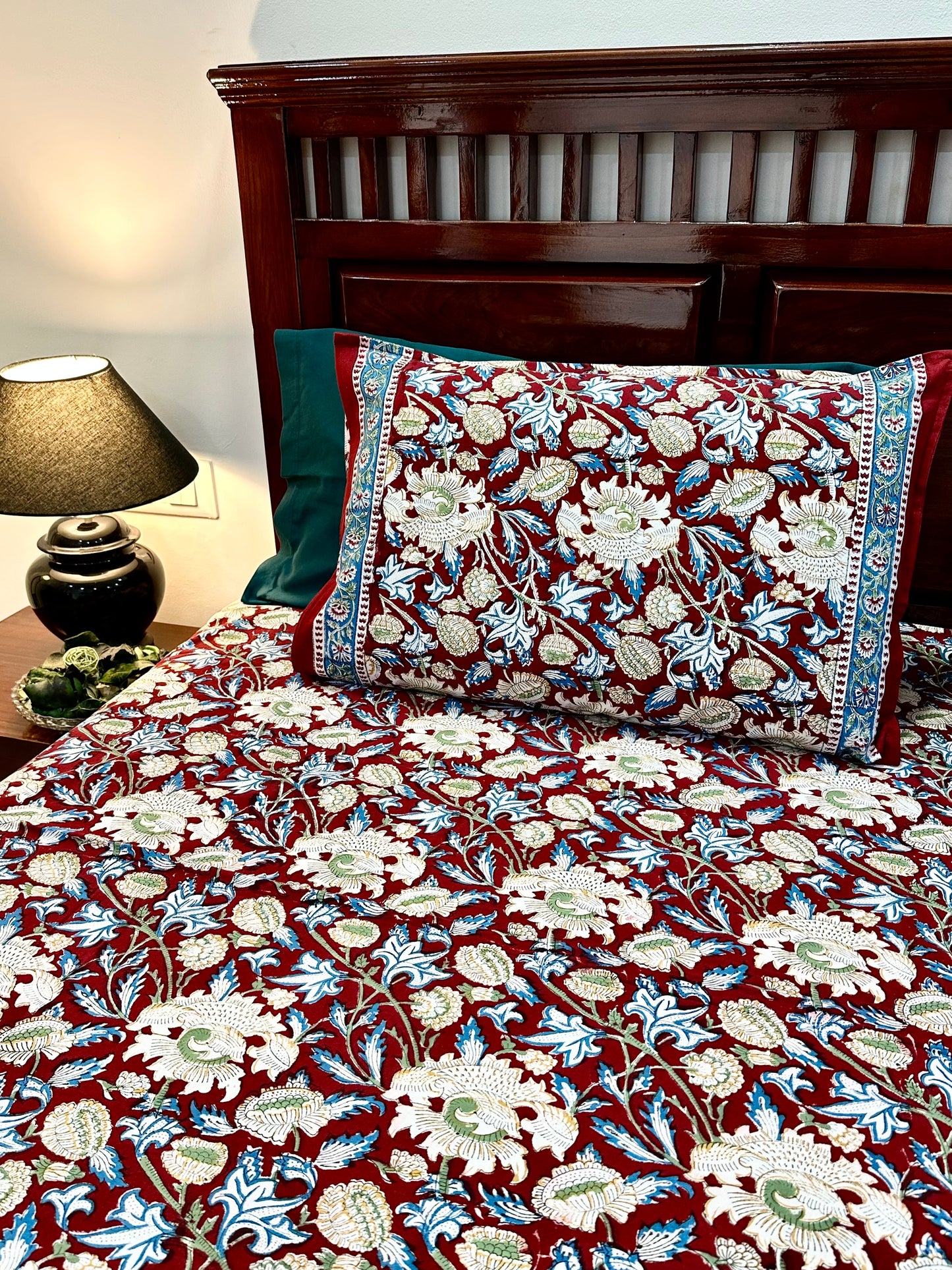 Dhuhaa Hand Block Print Cotton Bedsheet with Reversible Pillow Covers