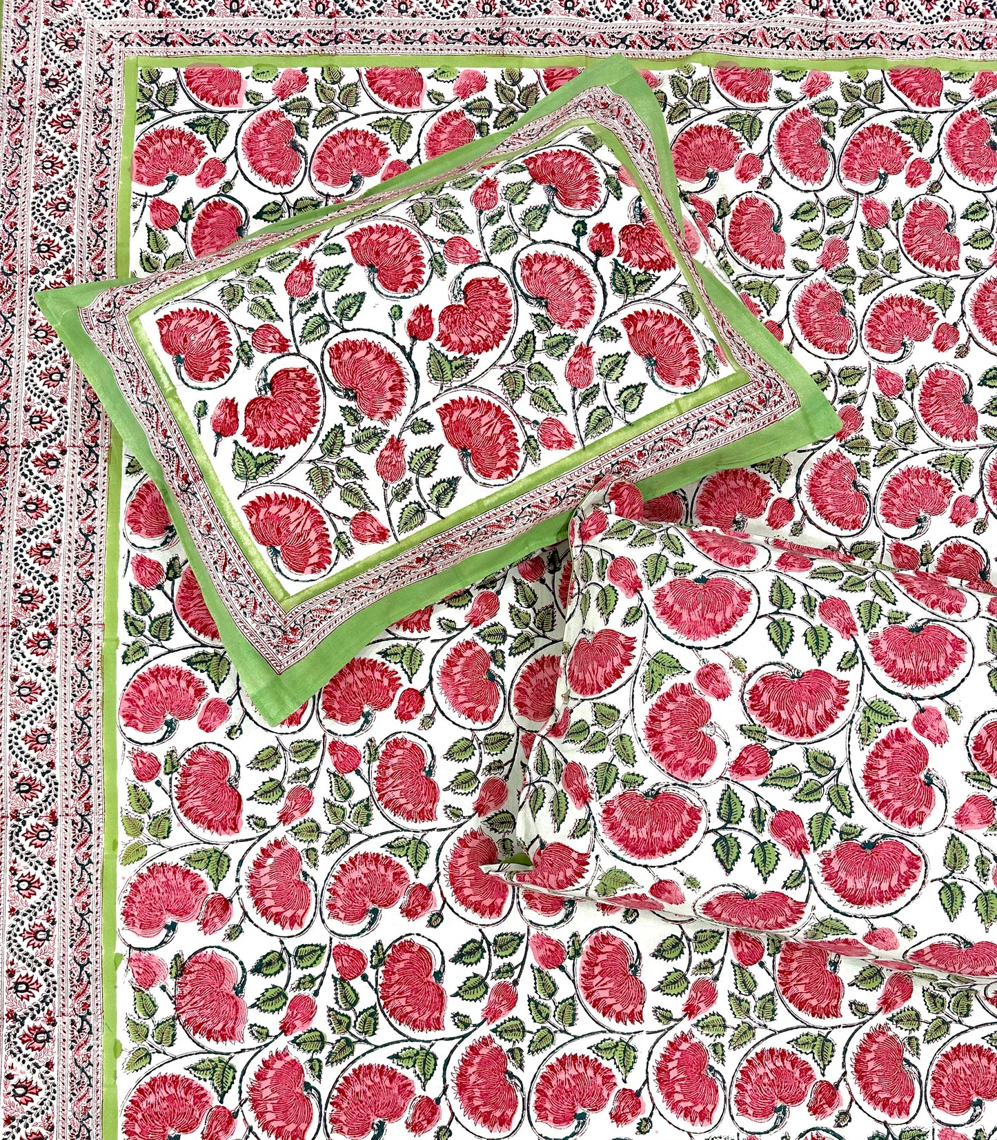 Nityam Hand Block Print Cotton Bedsheet with Reversible Pillow Covers