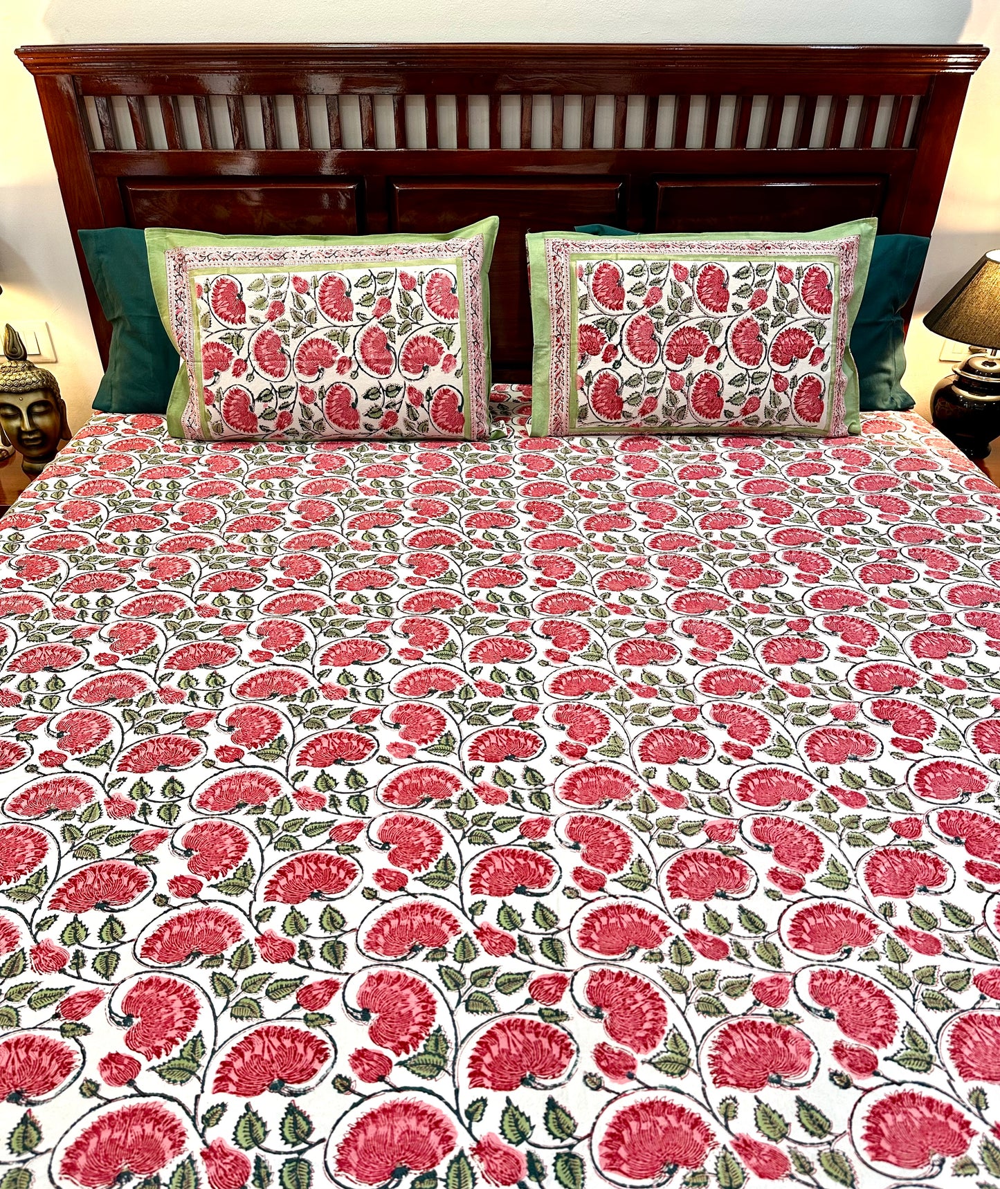 Nityam Hand Block Print Cotton Bedsheet with Reversible Pillow Covers