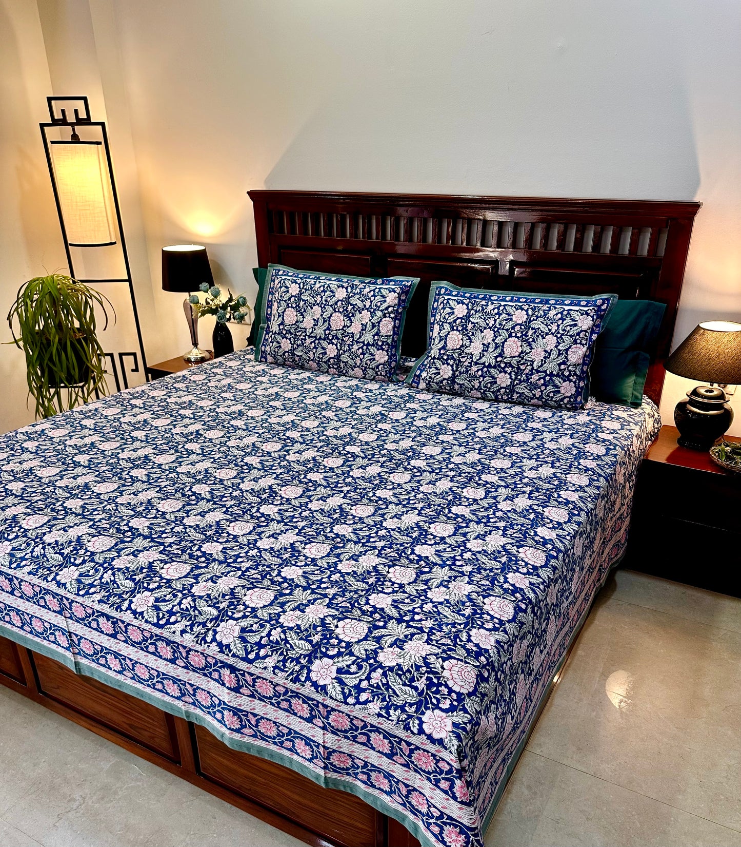 Nilaya Hand Block Print Cotton Bedsheet with Reversible Pillow Covers
