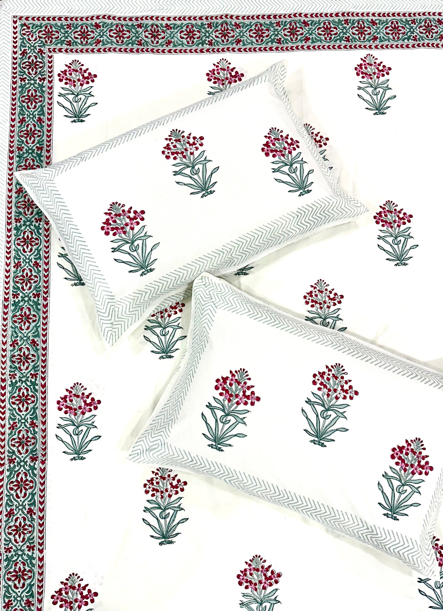 Kavini Hand Block Print Cotton Bedsheet with Reversible Pillow Covers
