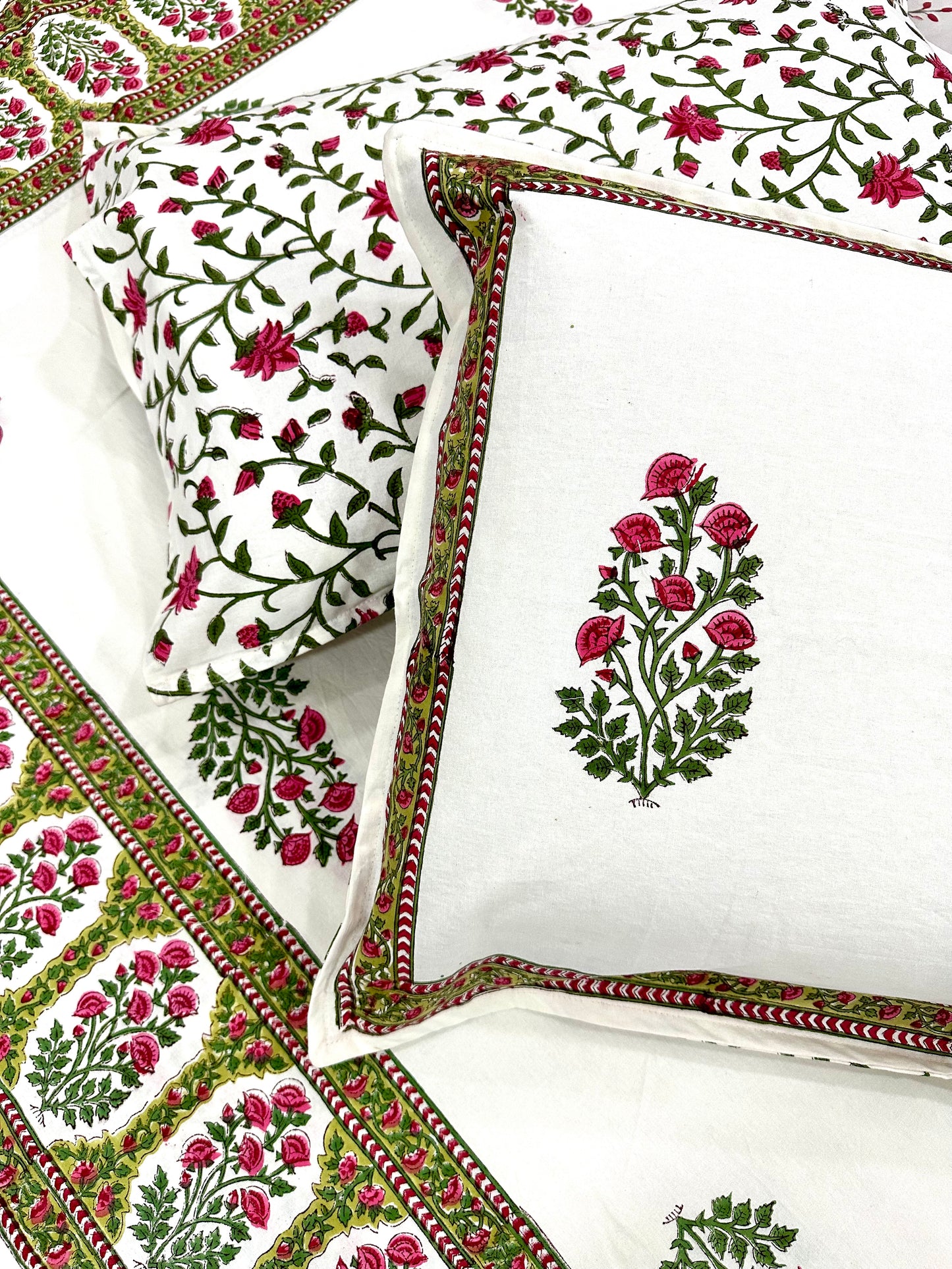 Aaranya Hand Block Print Cotton Bedsheet with Reversible Pillow Covers