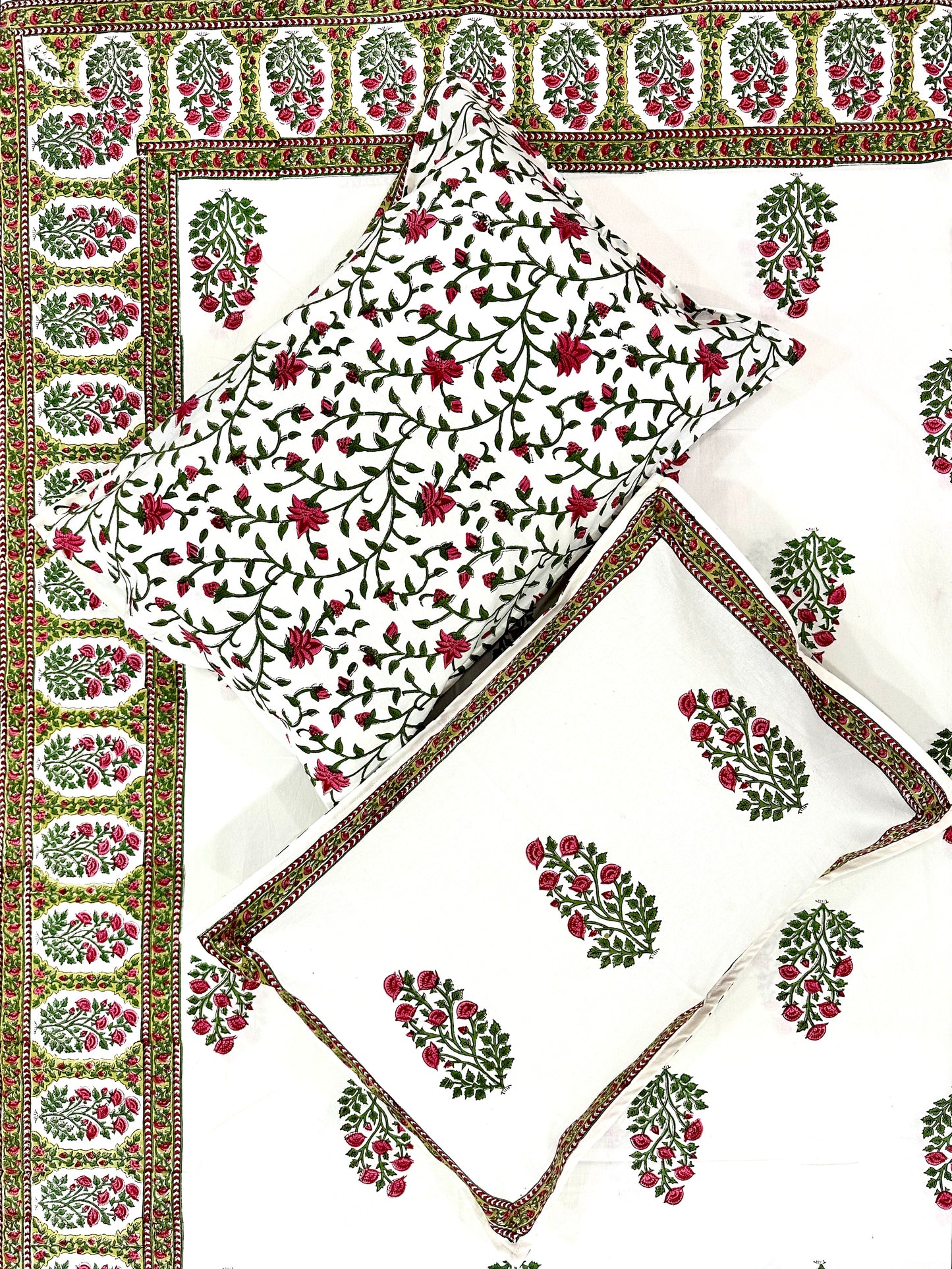 Aaranya Hand Block Print Cotton Bedsheet with Reversible Pillow Covers
