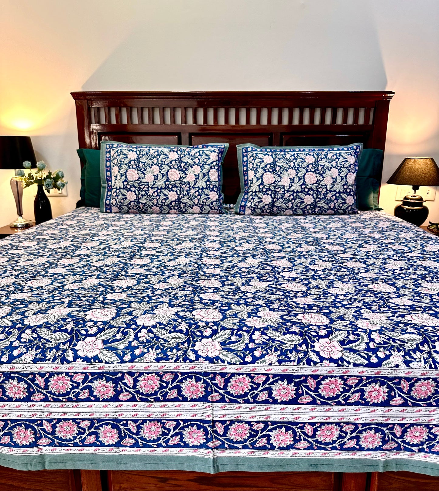 Nilaya Hand Block Print Cotton Bedsheet with Reversible Pillow Covers