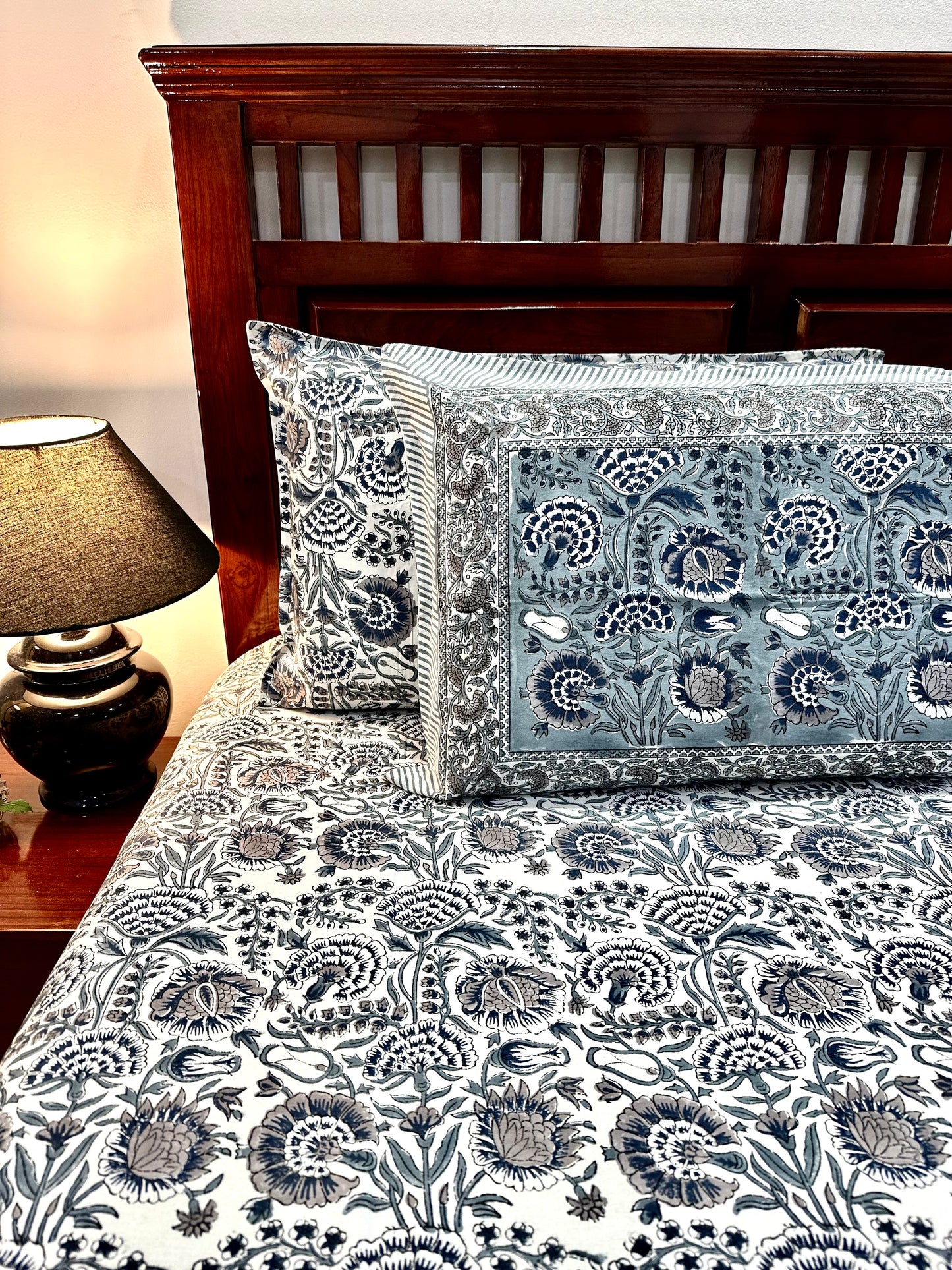 Alankar Hand Block Print Cotton Bedsheet with Reversible Pillow Covers