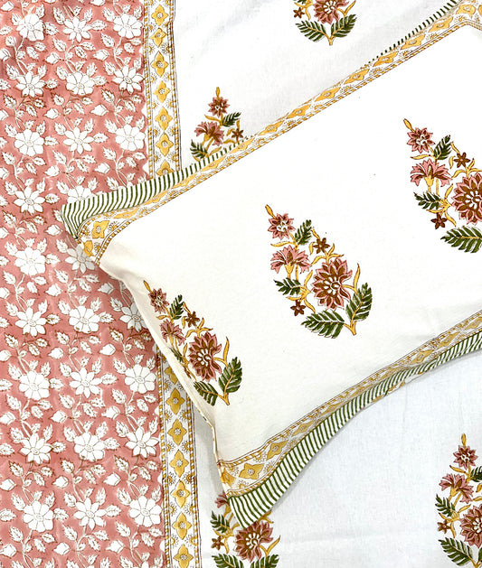 Shrayati Hand Block Print Cotton Bedsheet with Reversible Pillow Covers