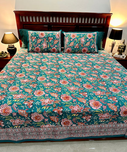 Tvarita Hand Block Print Cotton Bedsheet with Reversible Pillow Covers