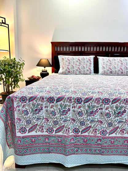 Aroha Hand Block Print Cotton Bedsheet with Reversible Pillow Covers