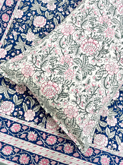 Nilaya Hand Block Print Cotton Bedsheet with Reversible Pillow Covers