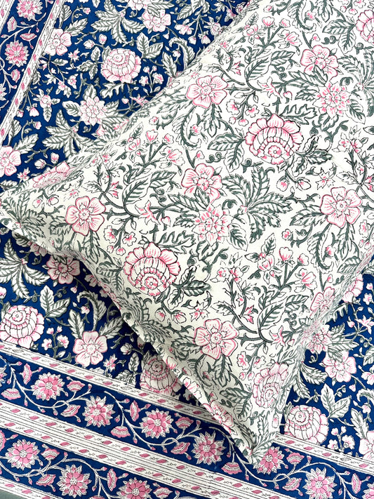 Nilaya Hand Block Print Cotton Bedsheet with Reversible Pillow Covers