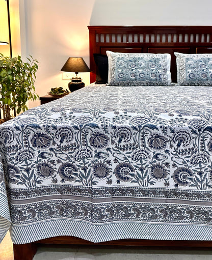 Alankar Hand Block Print Cotton Bedsheet with Reversible Pillow Covers