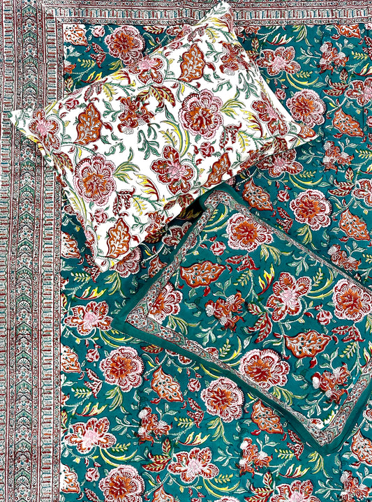 Tvarita Hand Block Print Cotton Bedsheet with Reversible Pillow Covers