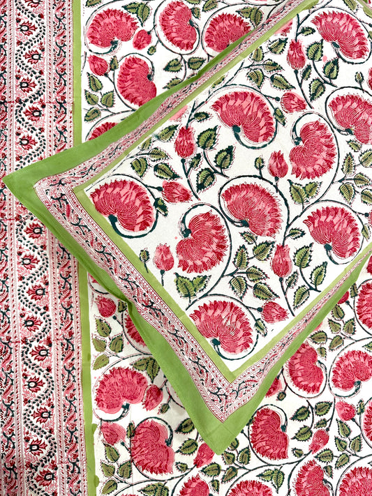 Nityam Hand Block Print Cotton Bedsheet with Reversible Pillow Covers