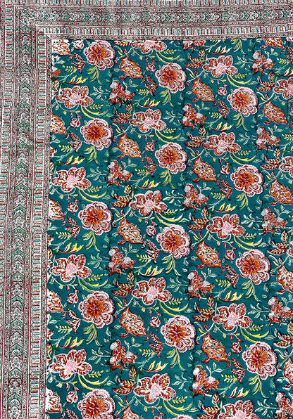 Tvarita Hand Block Print Cotton Bedsheet with Reversible Pillow Covers