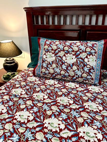 Dhuhaa Hand Block Print Cotton Bedsheet with Reversible Pillow Covers