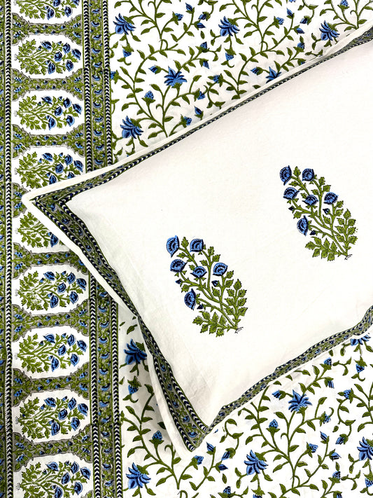 Pushkara Hand Block Print Cotton Bedsheet with Reversible Pillow Covers