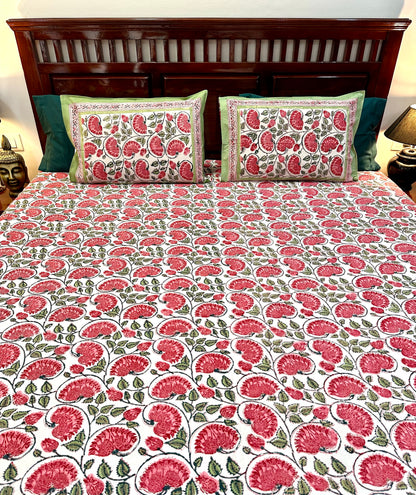 Nityam Hand Block Print Cotton Bedsheet with Reversible Pillow Covers