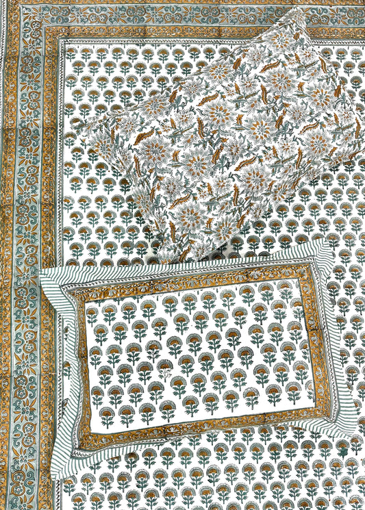 Anvii Hand Block Print Cotton Bedsheet with Reversible Pillow Covers