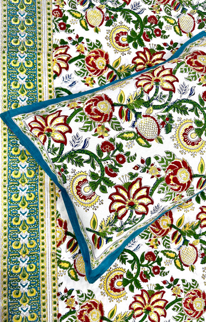 Tejasvi Hand Block Print Cotton Bedsheet with Reversible Pillow Covers