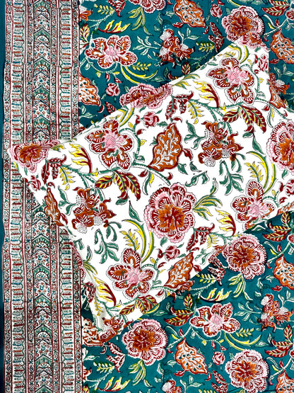 Tvarita Hand Block Print Cotton Bedsheet with Reversible Pillow Covers