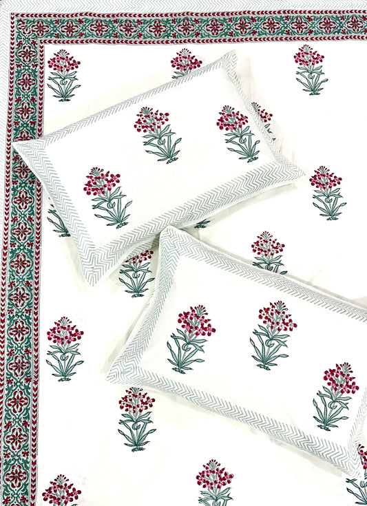 Kavini Hand Block Print Cotton Bedsheet with Reversible Pillow Covers