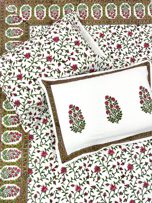Varnini Hand Block Print Cotton Bedsheet with Reversible Pillow Covers