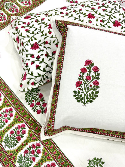 Aaranya Hand Block Print Cotton Bedsheet with Reversible Pillow Covers
