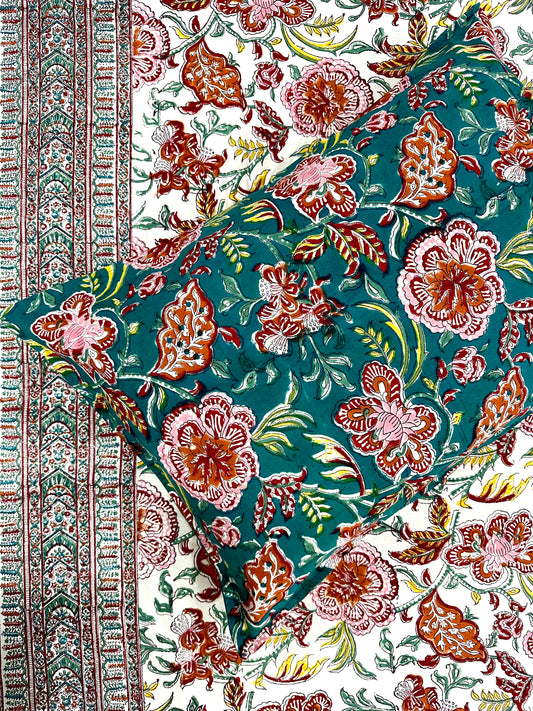 Vaasini Hand Block Print Cotton Bedsheet with Reversible Pillow Covers