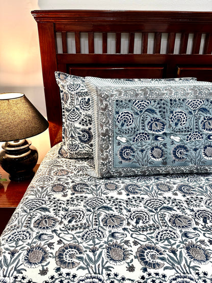 Alankar Hand Block Print Cotton Bedsheet with Reversible Pillow Covers
